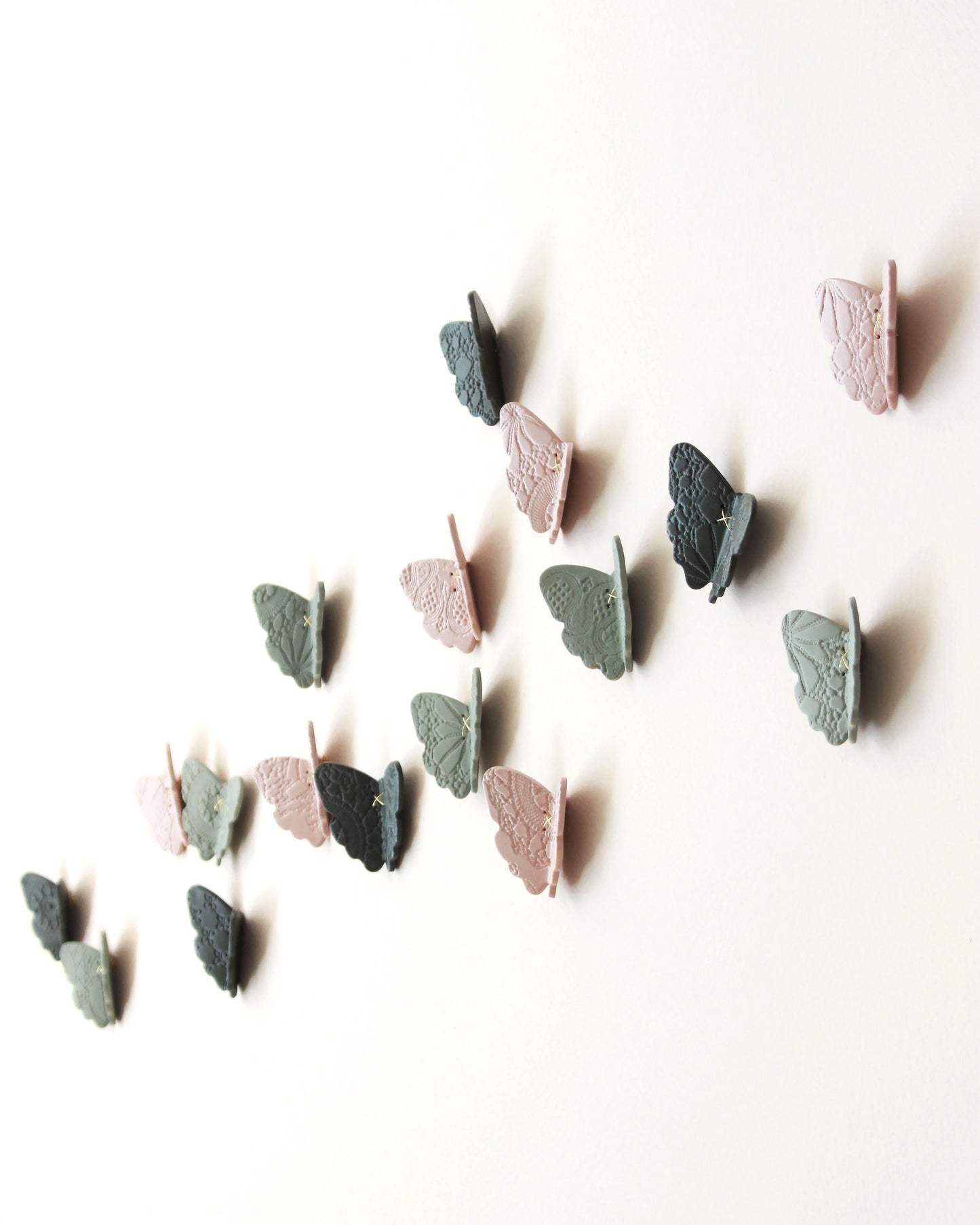 3D Lace Texture Porcelain Butterfly Wall Art Pink, Sage Green & Dark Olive Set of 30