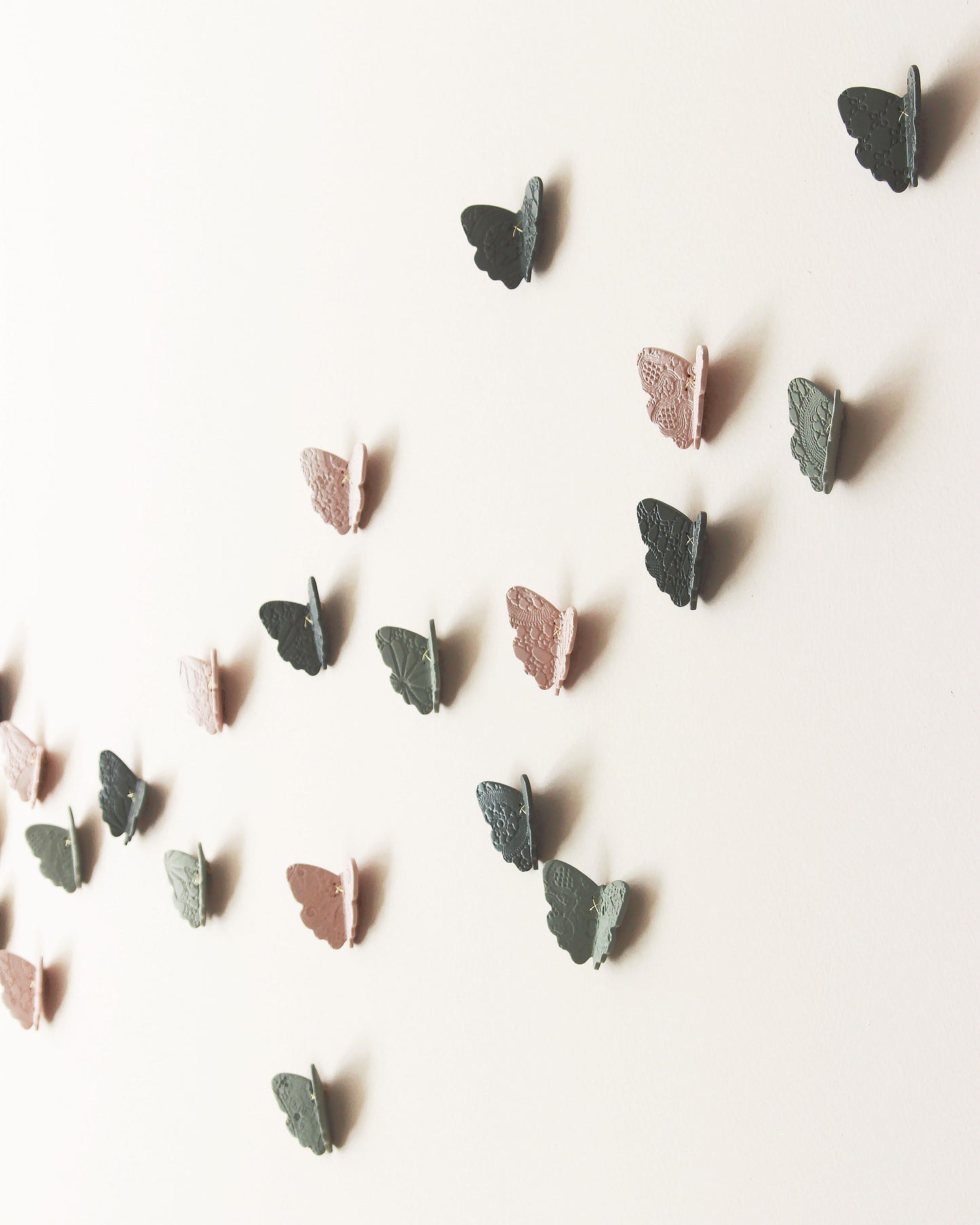 3D Lace Texture Porcelain Butterfly Wall Art Pink, Sage Green & Dark Olive Set of 30