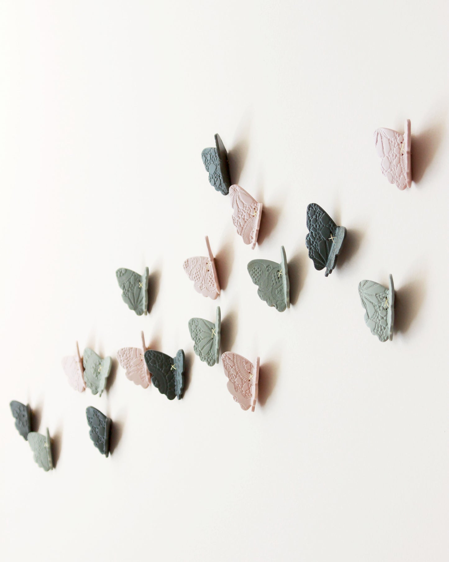 3D Lace Texture Porcelain Butterfly Wall Art Pink, Sage Green & Dark Olive Set of 30