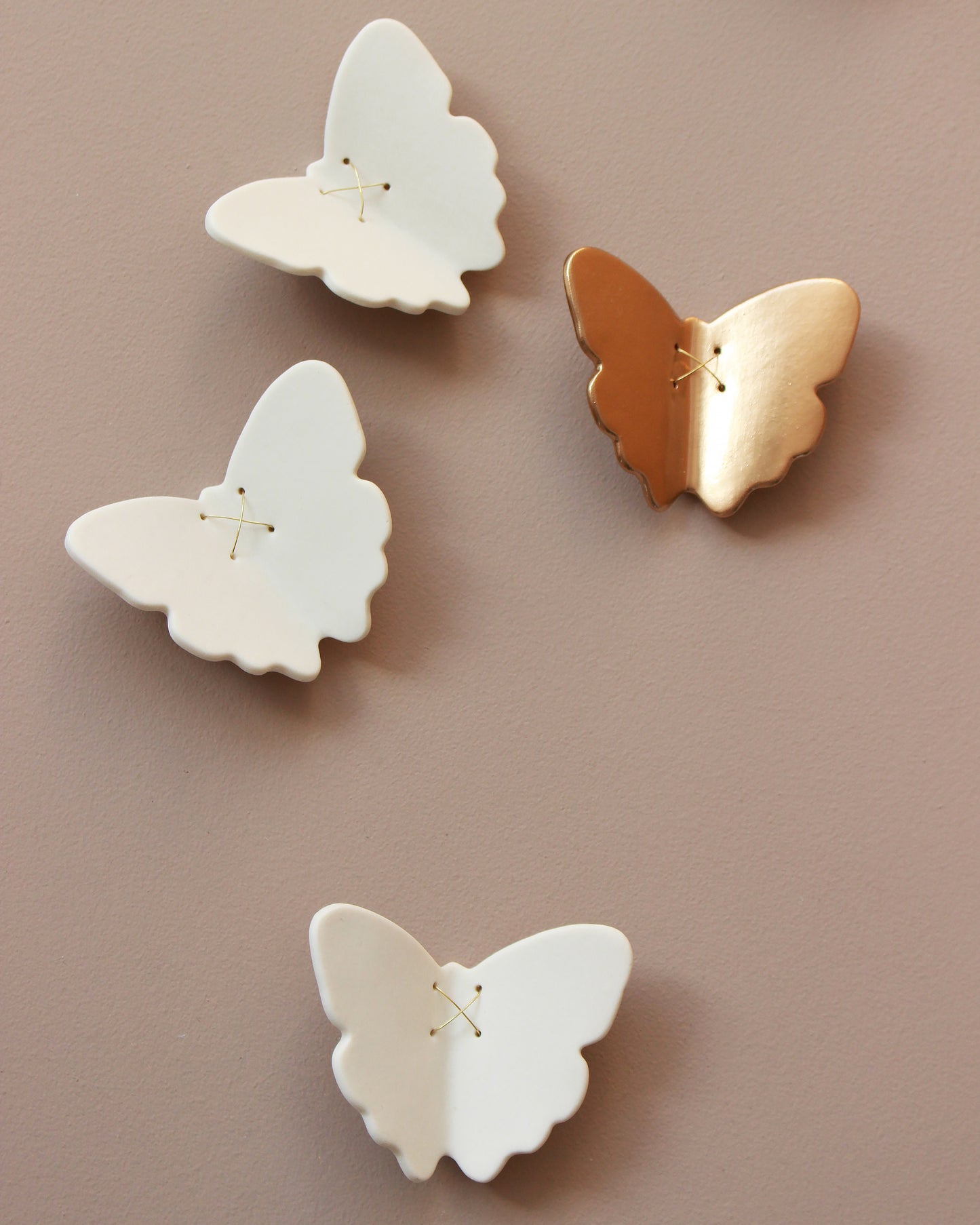 3D Set of 22 Ceramic Butterflies Finished in a Mix of Light Green, Dark Olive and White Porcelain