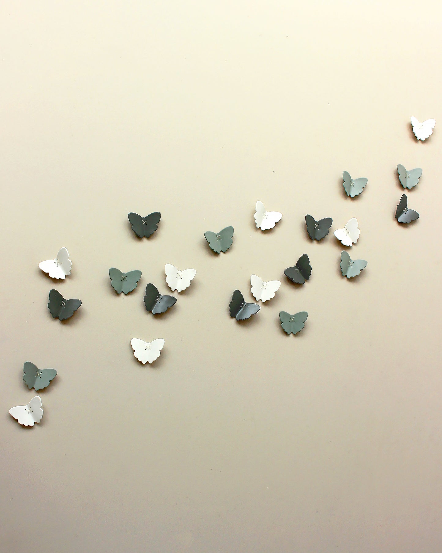 3D Set of 22 Ceramic Butterflies Finished in a Mix of Light Green, Dark Olive and White Porcelain