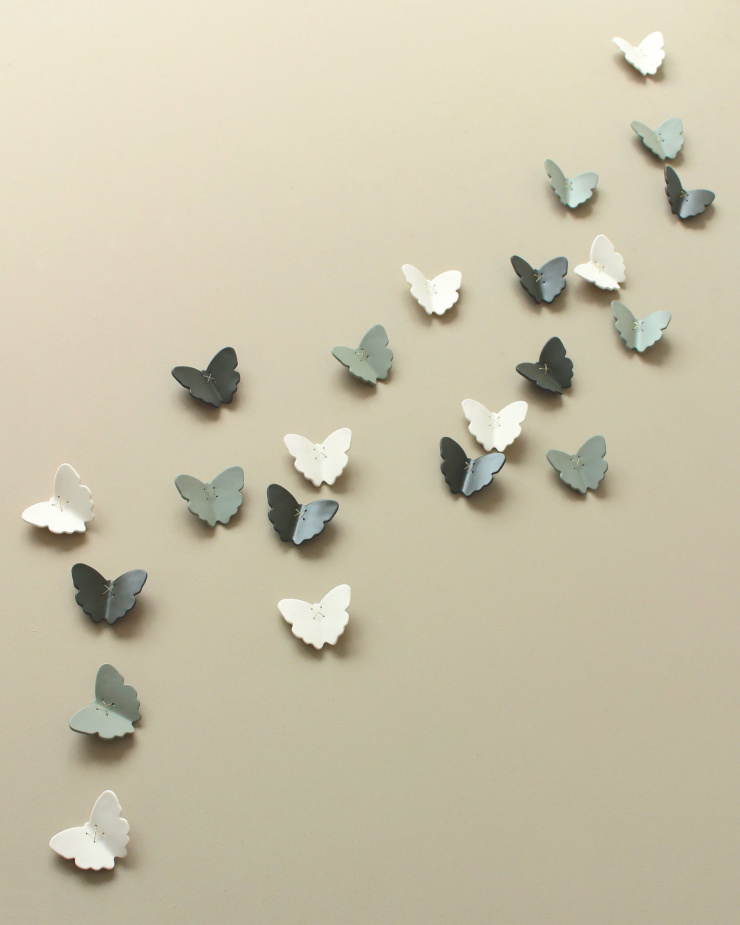 3D Set of 22 Ceramic Butterflies Finished in a Mix of Light Green, Dark Olive and White Porcelain