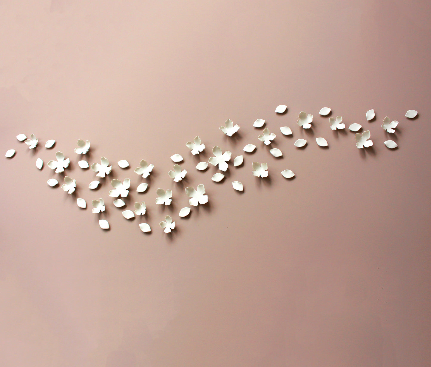 White Porcelain Flower and Petal Wall Sculpture - Handmade Ceramic Garland and Blossom set of 55