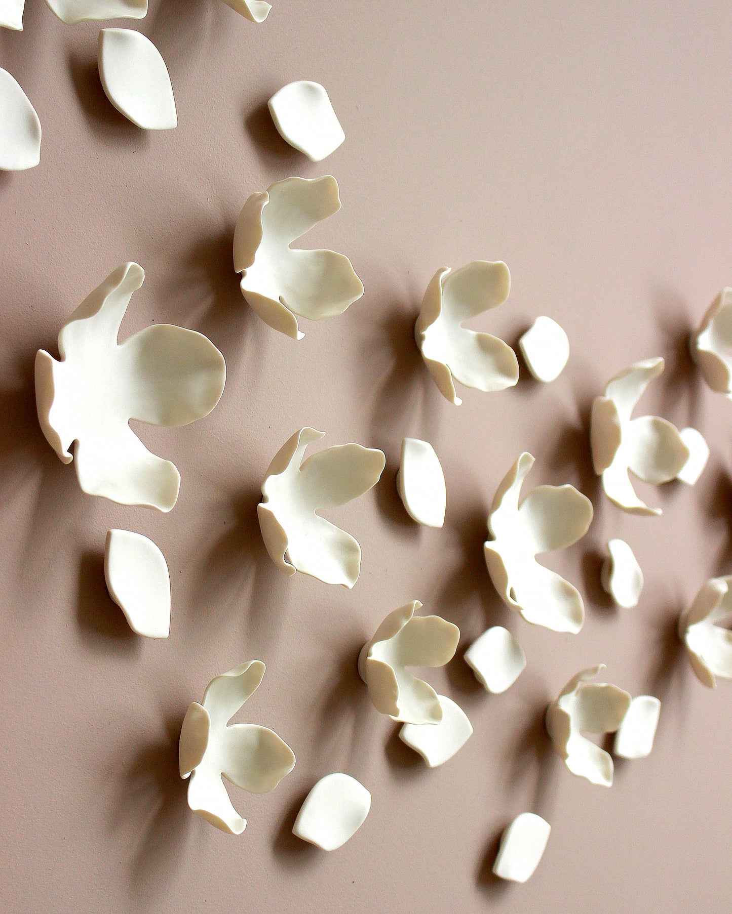 White Porcelain Flower and Petal Wall Sculpture - Handmade Ceramic Garland and Blossom set of 55