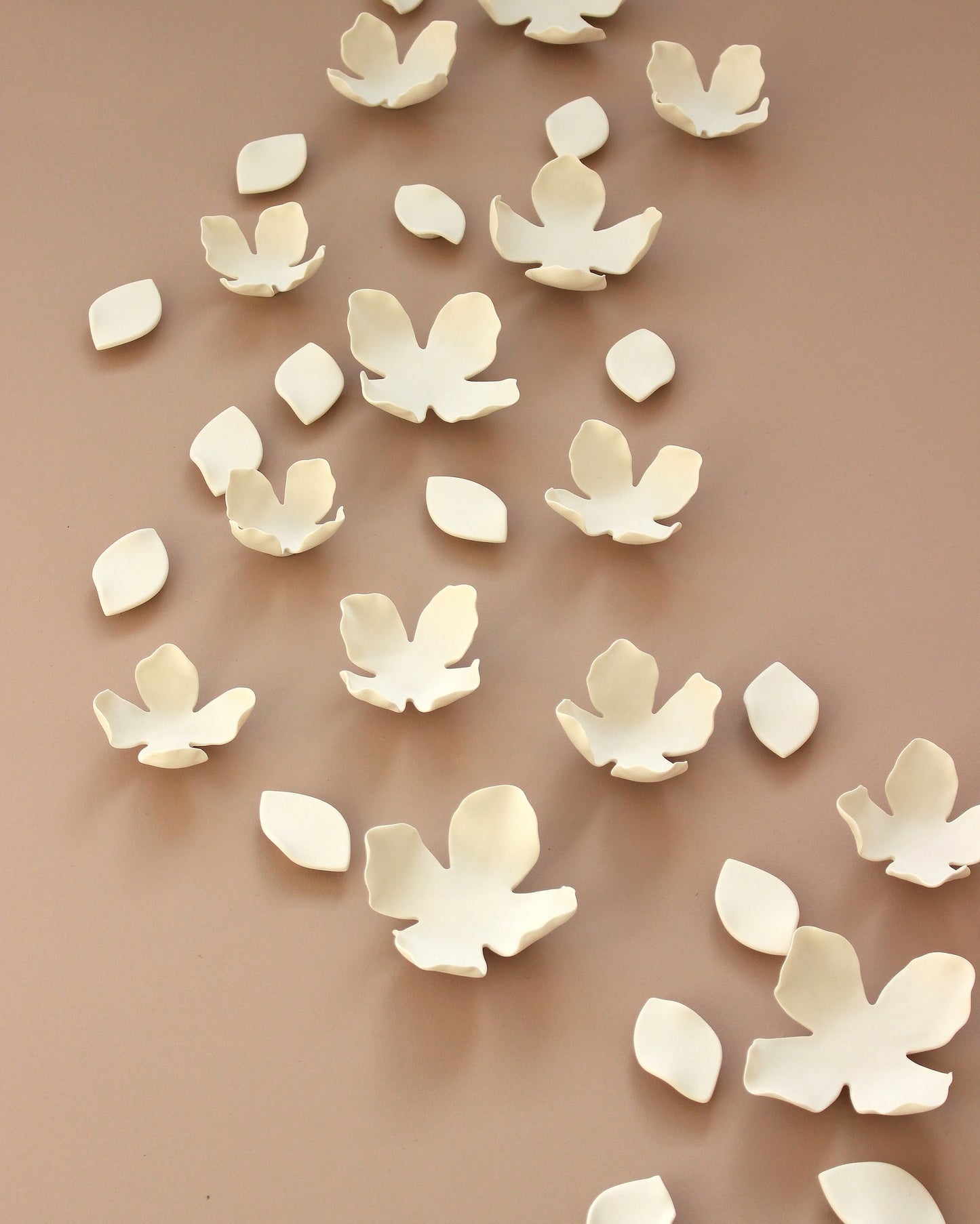 White Porcelain Flower and Petal Wall Sculpture - Handmade Ceramic Garland and Blossom set of 55