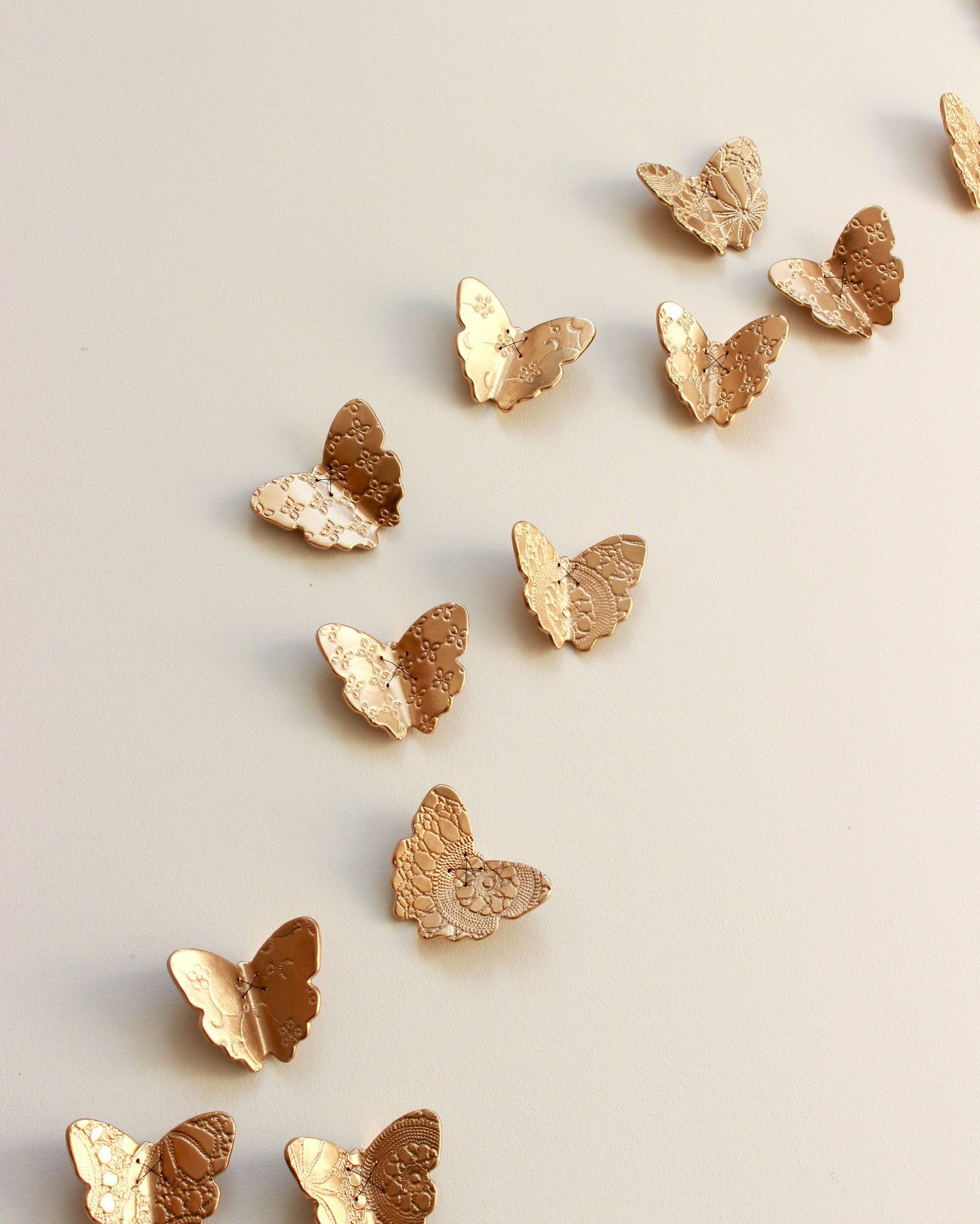 Gold Porcelain Butterflies Original Sculpture Wall Art: Blackened Wire, Lace Texture Set of 15
