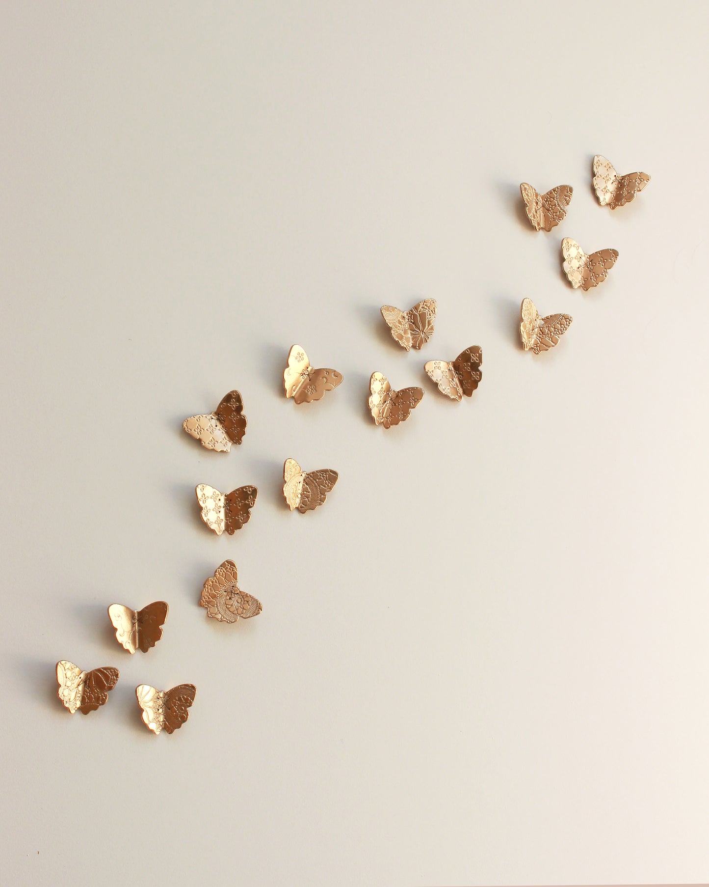 Gold Porcelain Butterflies Original Sculpture Wall Art: Blackened Wire, Lace Texture Set of 15