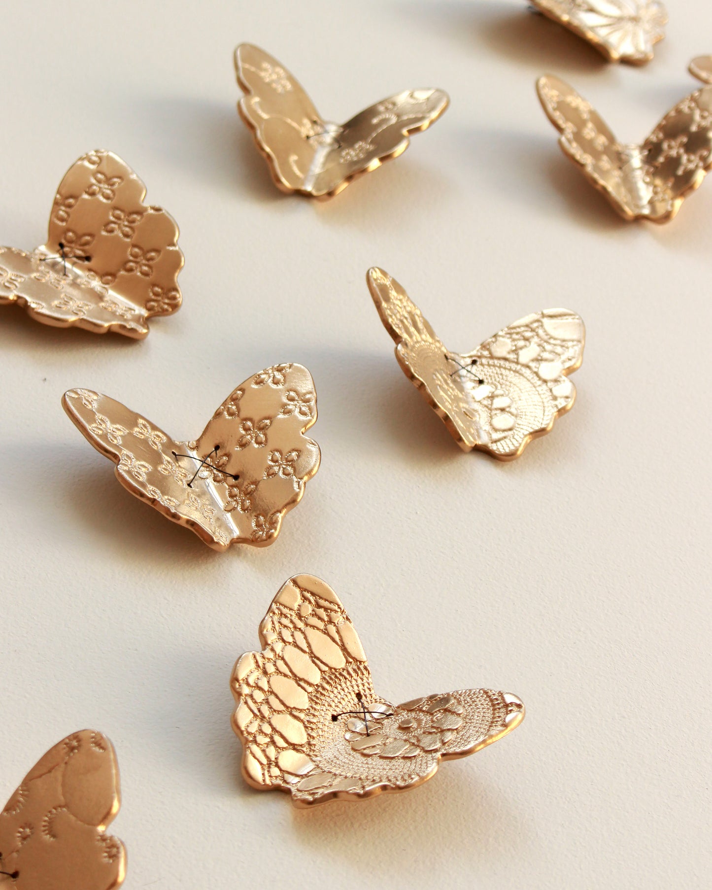 Gold Porcelain Butterflies Original Sculpture Wall Art: Blackened Wire, Lace Texture Set of 15