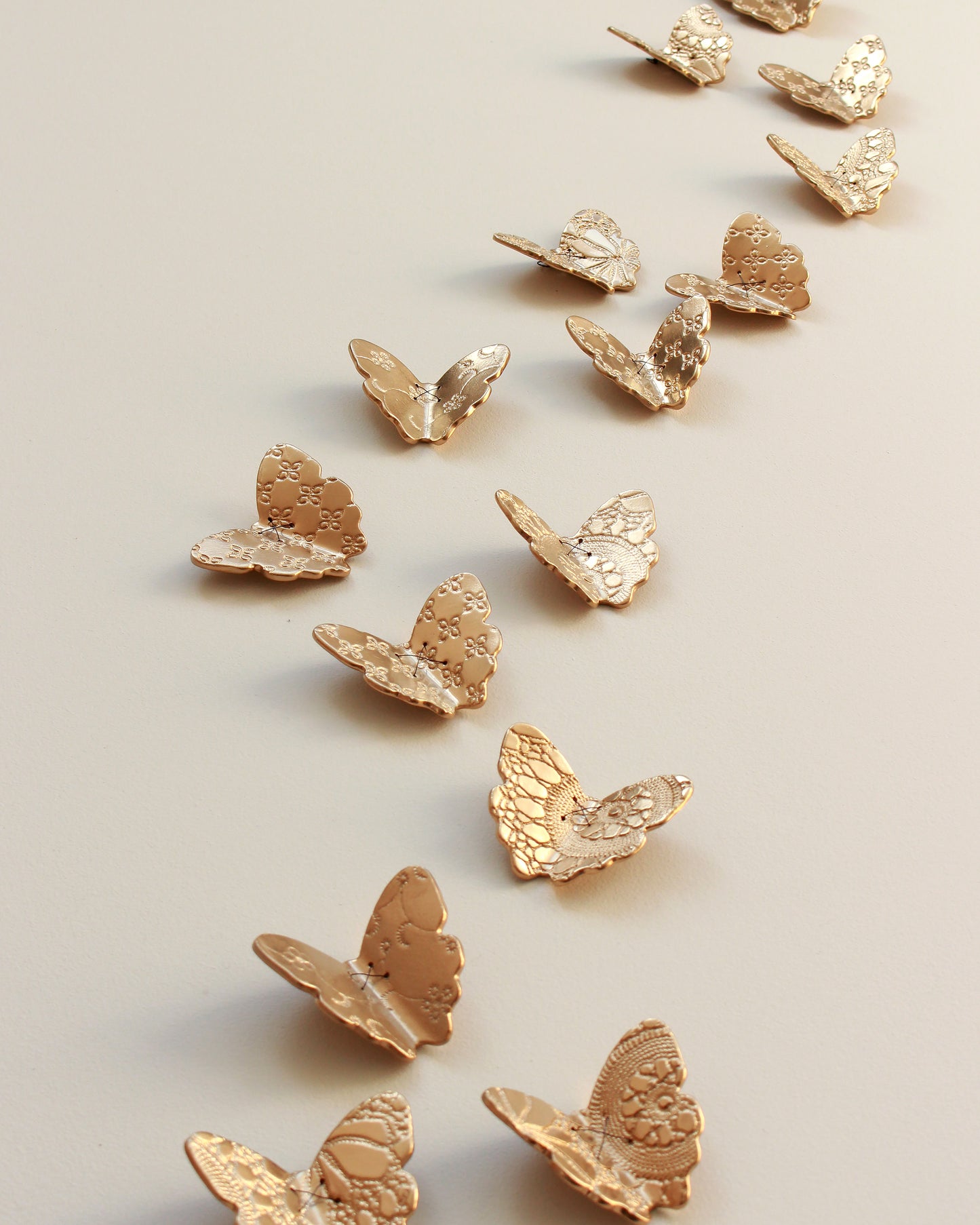 Gold Porcelain Butterflies Original Sculpture Wall Art: Blackened Wire, Lace Texture Set of 15