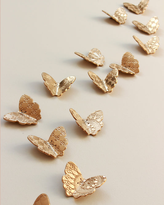Gold Porcelain Butterflies Original Sculpture Wall Art: Blackened Wire, Lace Texture Set of 15