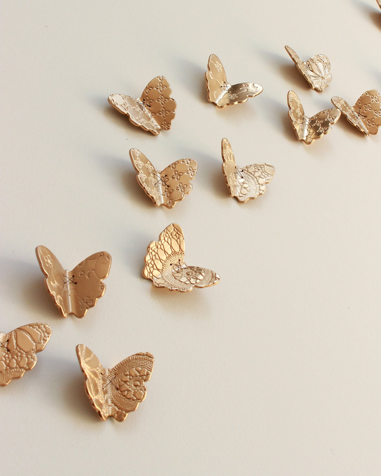 Gold Porcelain Butterflies Original Sculpture Wall Art: Blackened Wire, Lace Texture Set of 15