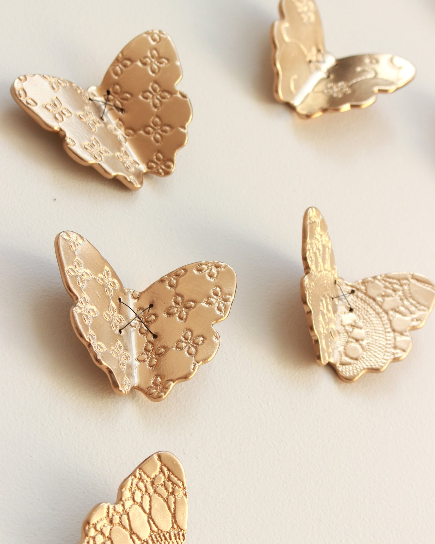 Gold Porcelain Butterflies Original Sculpture Wall Art: Blackened Wire, Lace Texture Set of 15