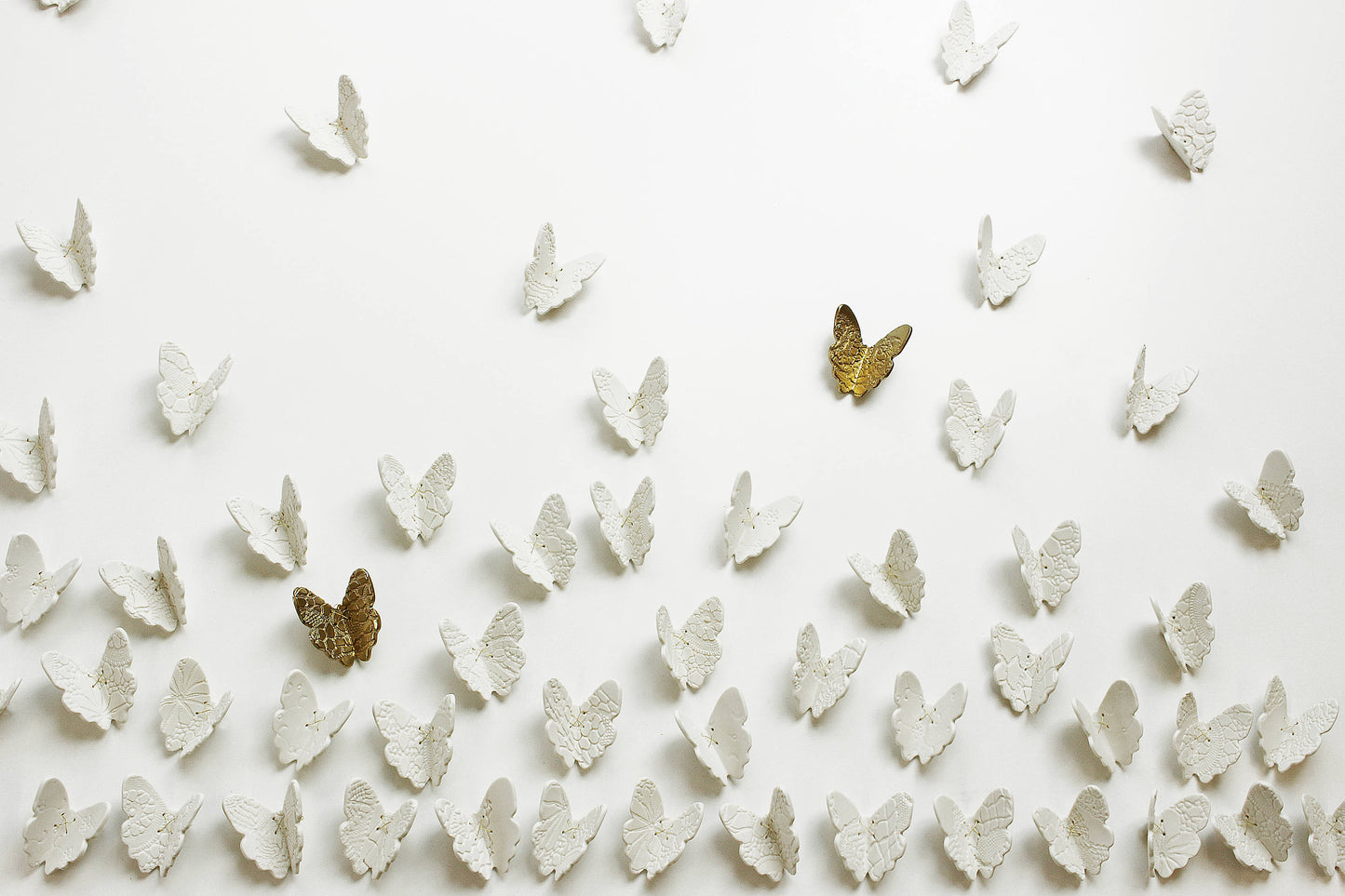 Flutter - Extra large wall art set of 60 3D Butterfly sculptures - Choose 60 white porcelain or 57 white and 3 gold finish handmade ceramic butterflies