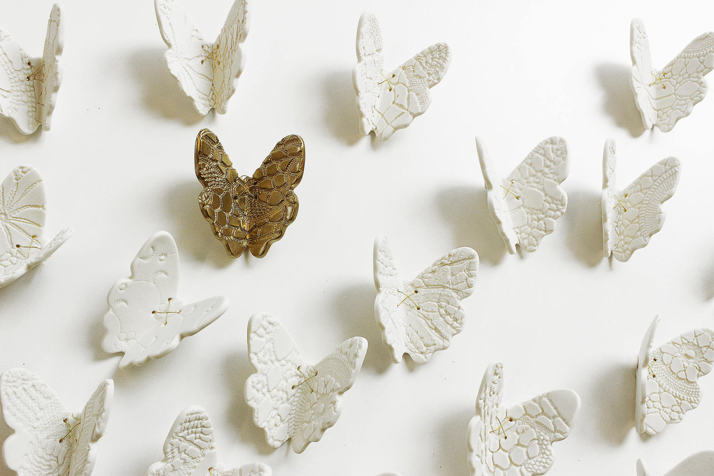 Flutter - Extra large wall art set of 60 3D Butterfly sculptures - Choose 60 white porcelain or 57 white and 3 gold finish handmade ceramic butterflies