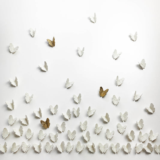 Flutter - Extra large wall art set of 60 3D Butterfly sculptures - Choose 60 white porcelain or 57 white and 3 gold finish handmade ceramic butterflies