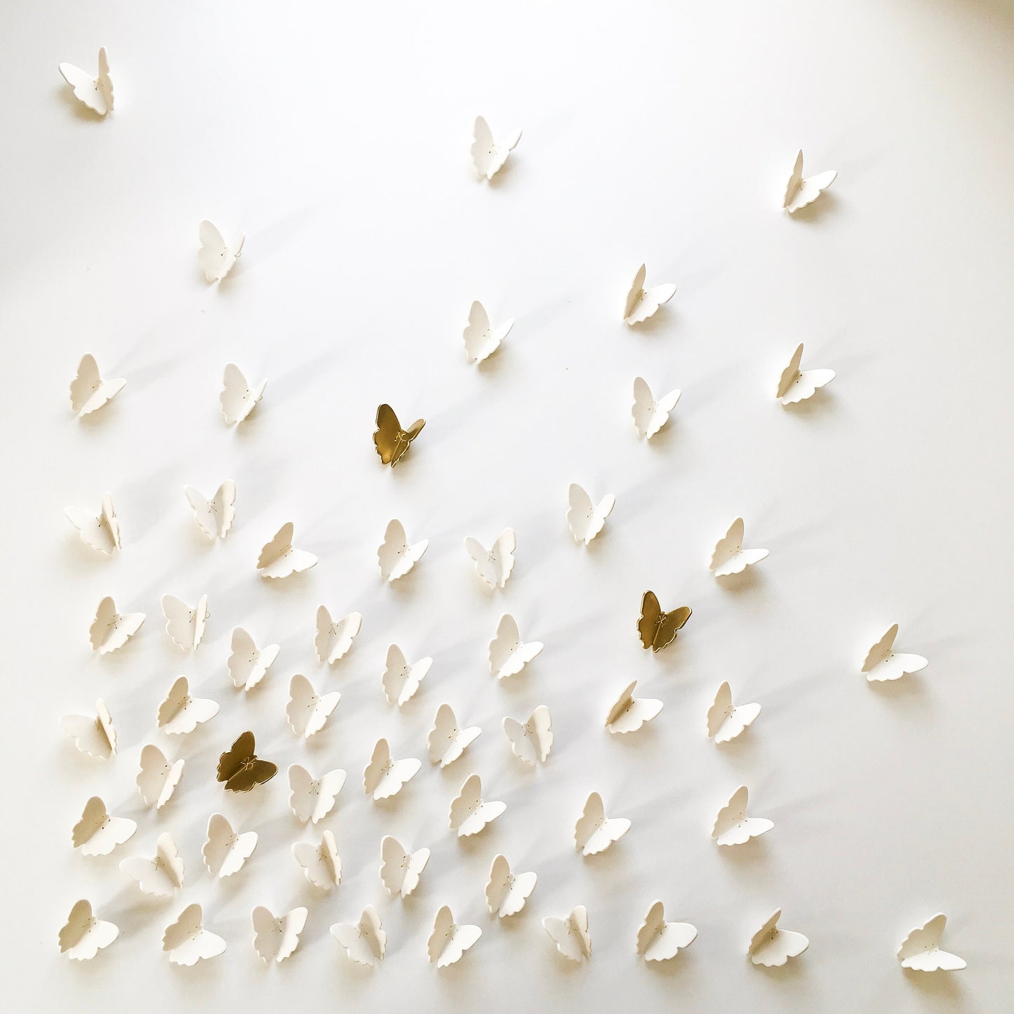 Extra large wall art 3D Butterfly Set of 55 Original white porcelain + gold ceramic butterflies sculpture with metal wire (52 white 3 gold)