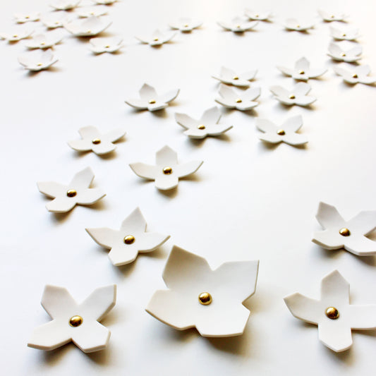 Abstract extra large wall art sculpture set 60 Ceramic geometric flowers gold centre White porcelain Modern  Minimal contemporary craft READY TO SHIP
