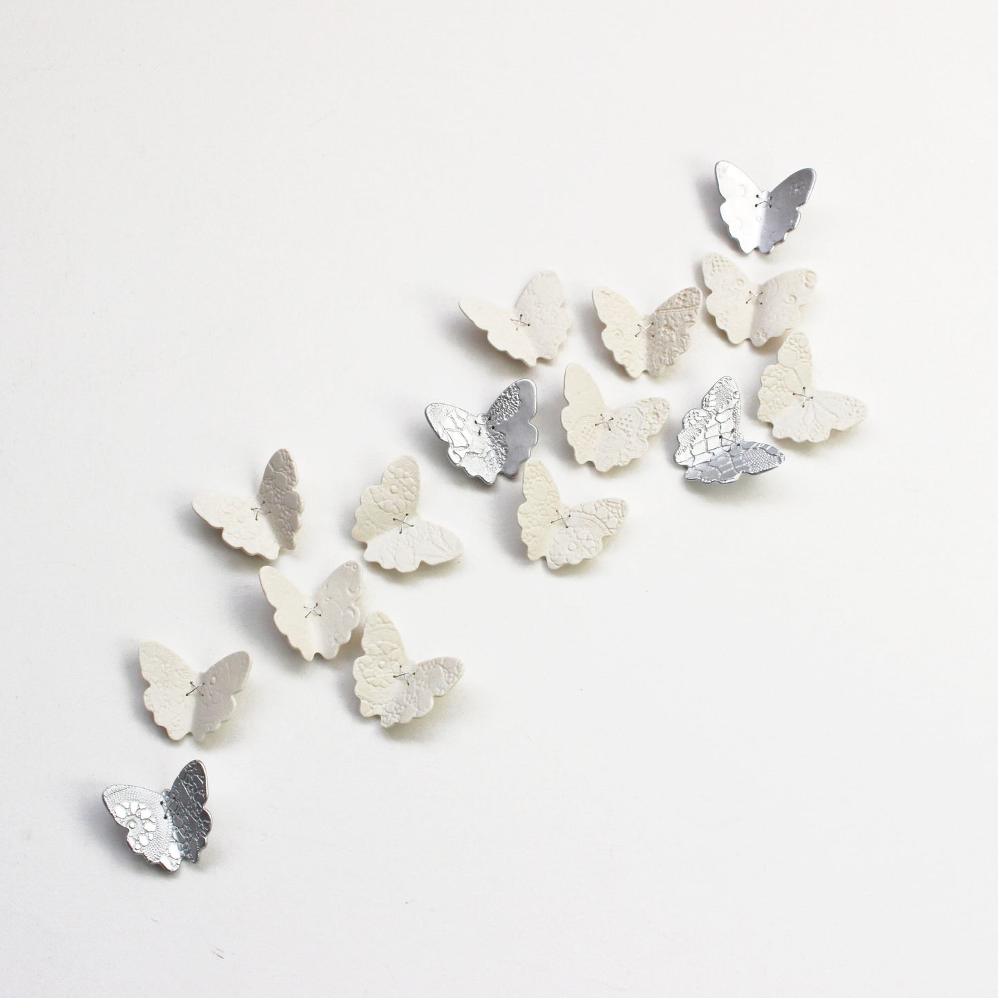 Ceramic wall art set 3D butterfly original artwork 15 handmade White porcelain & silver butterflies with lace texture steel wire home decor