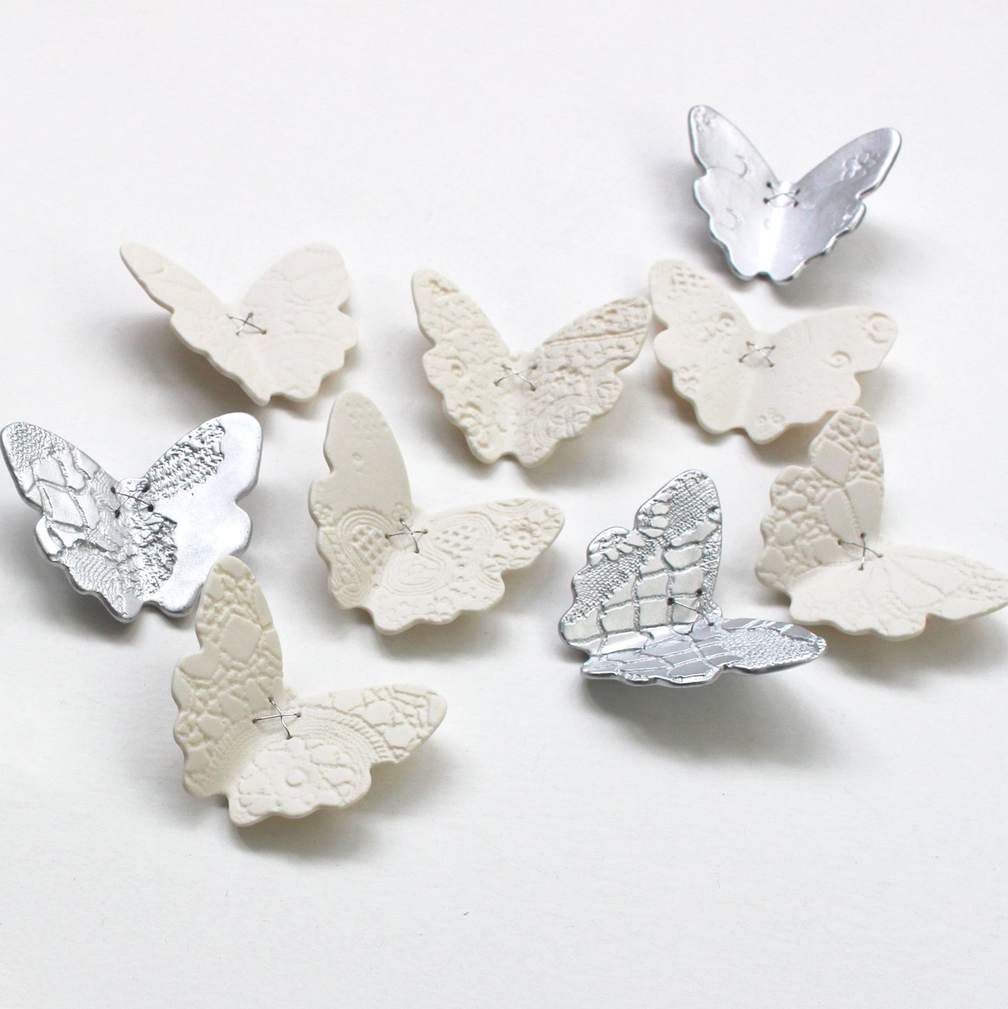 Ceramic wall art set 3D butterfly original artwork 15 handmade White porcelain & silver butterflies with lace texture steel wire home decor