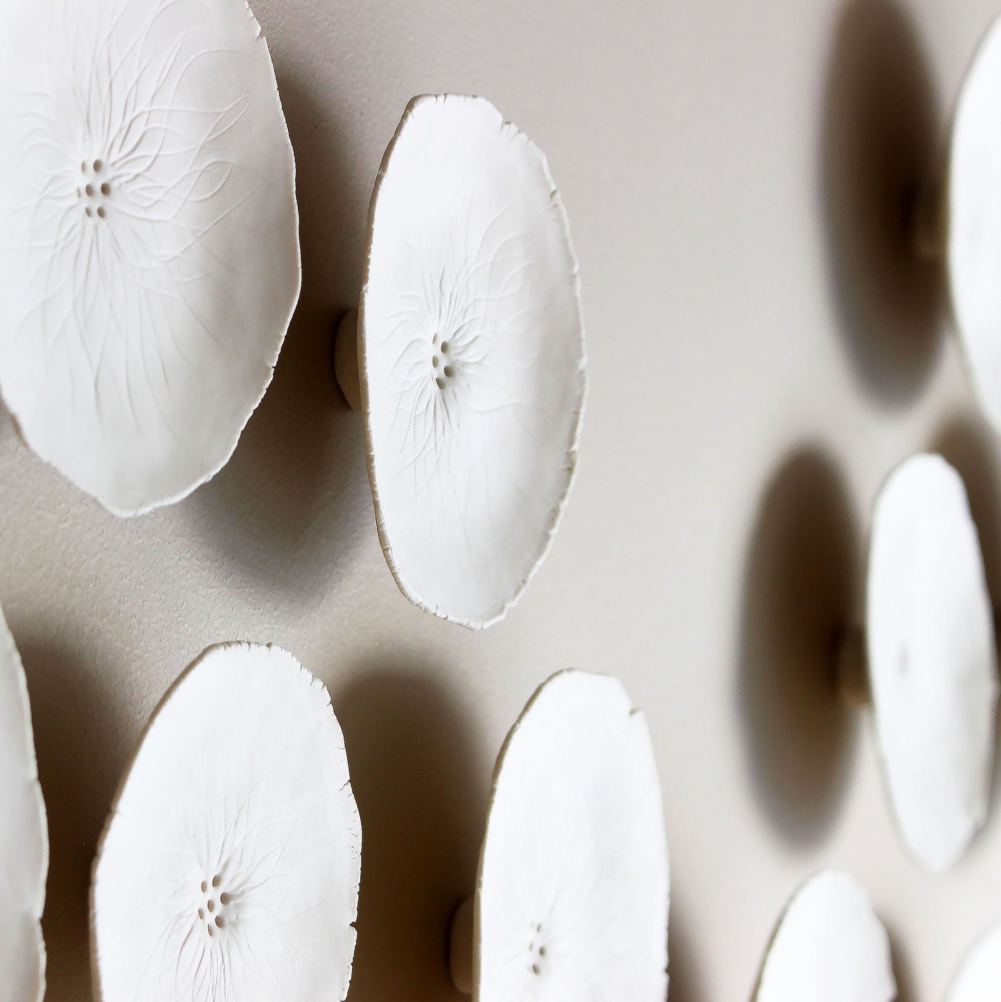 Large wall art installation set - 19 Abstract Frayed Porcelain Flowers Wall sculpture 3D White ceramic Original artwork luxury interior art