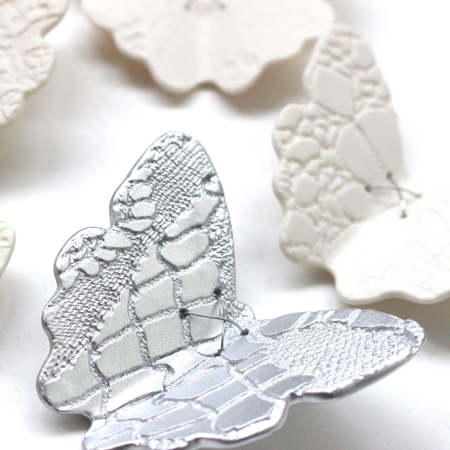 Ceramic wall art set 3D butterfly original artwork 15 handmade White porcelain & silver butterflies with lace texture steel wire home decor