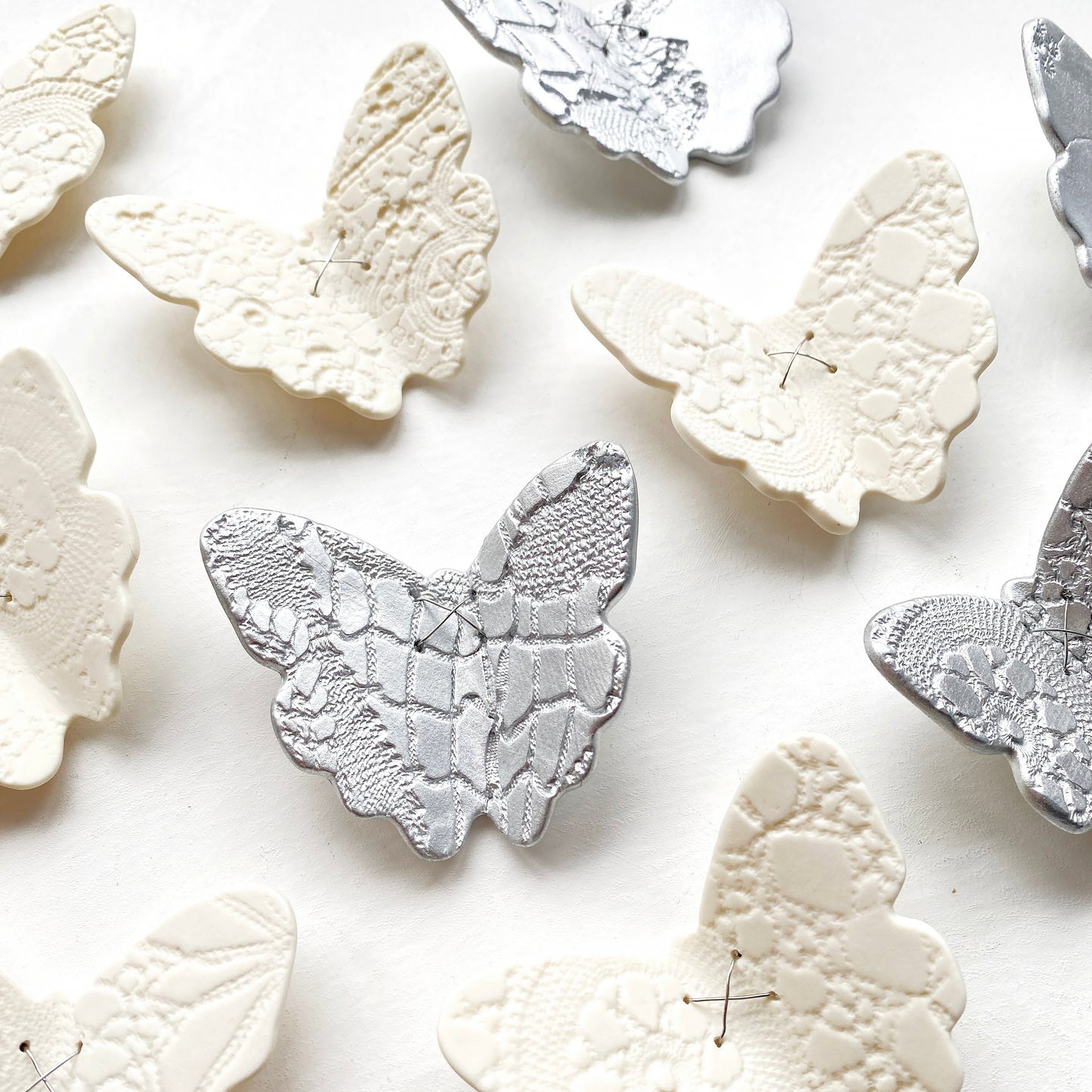 Ceramic wall art set 3D butterfly original artwork 15 handmade White porcelain & silver butterflies with lace texture steel wire home decor