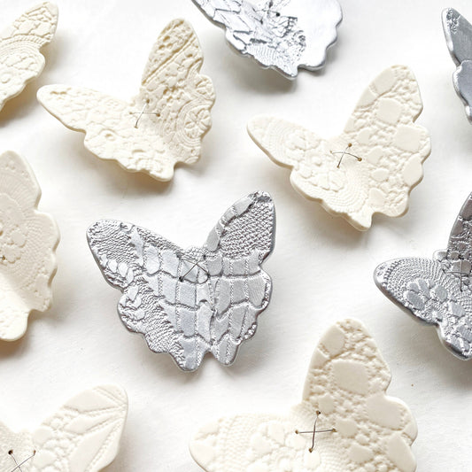 Ceramic wall art set 3D butterfly original artwork 15 handmade White porcelain & silver butterflies with lace texture steel wire home decor