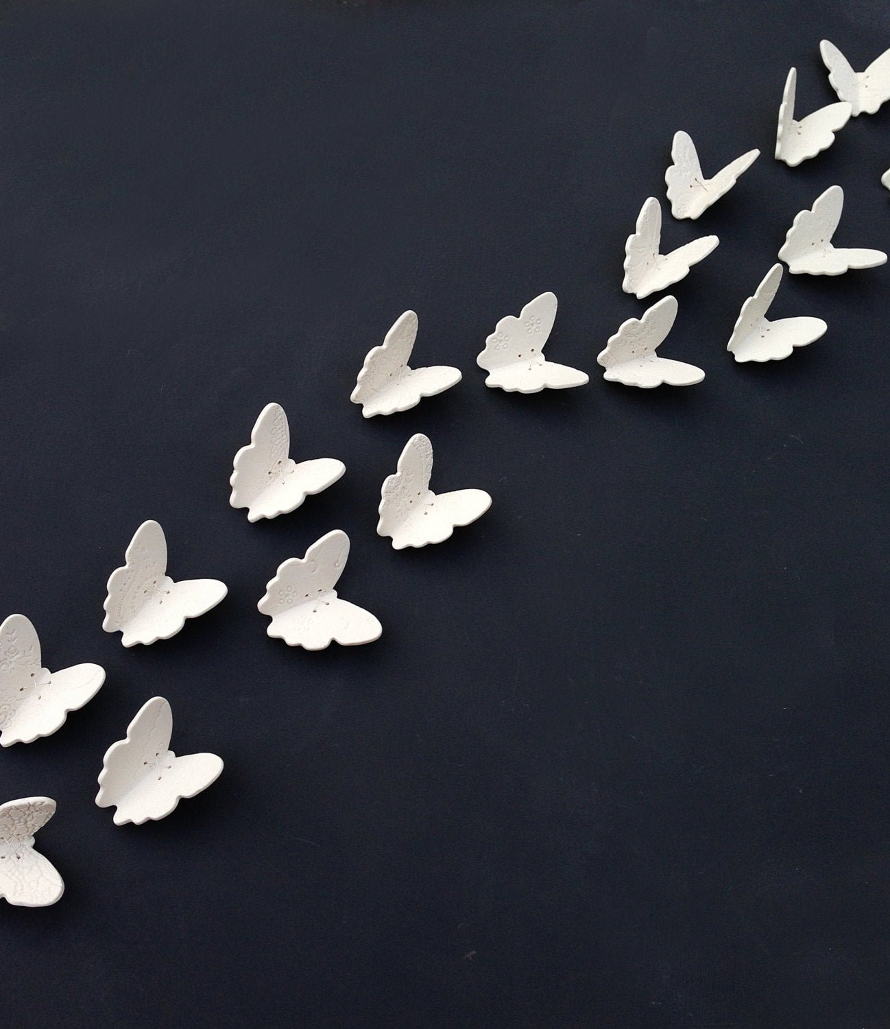 Flutter - Extra large wall art set of 60 3D Butterfly sculptures - Choose 60 white porcelain or 57 white and 3 gold finish handmade ceramic butterflies