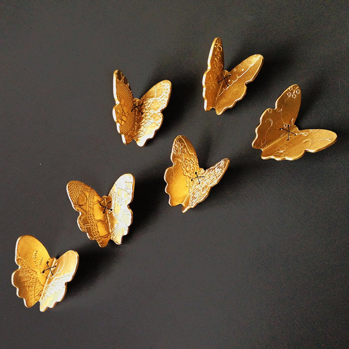 3D butterfly wall art Home decor gift  Original gold porcelain ceramic sculptures butterflies Lace detail & blackened copper wire